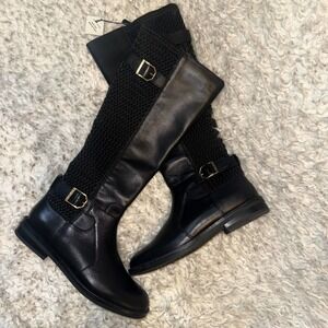 Cole Haan Black Leather Water Resistant Riding Boots Stretch Back Buckle 5.5B